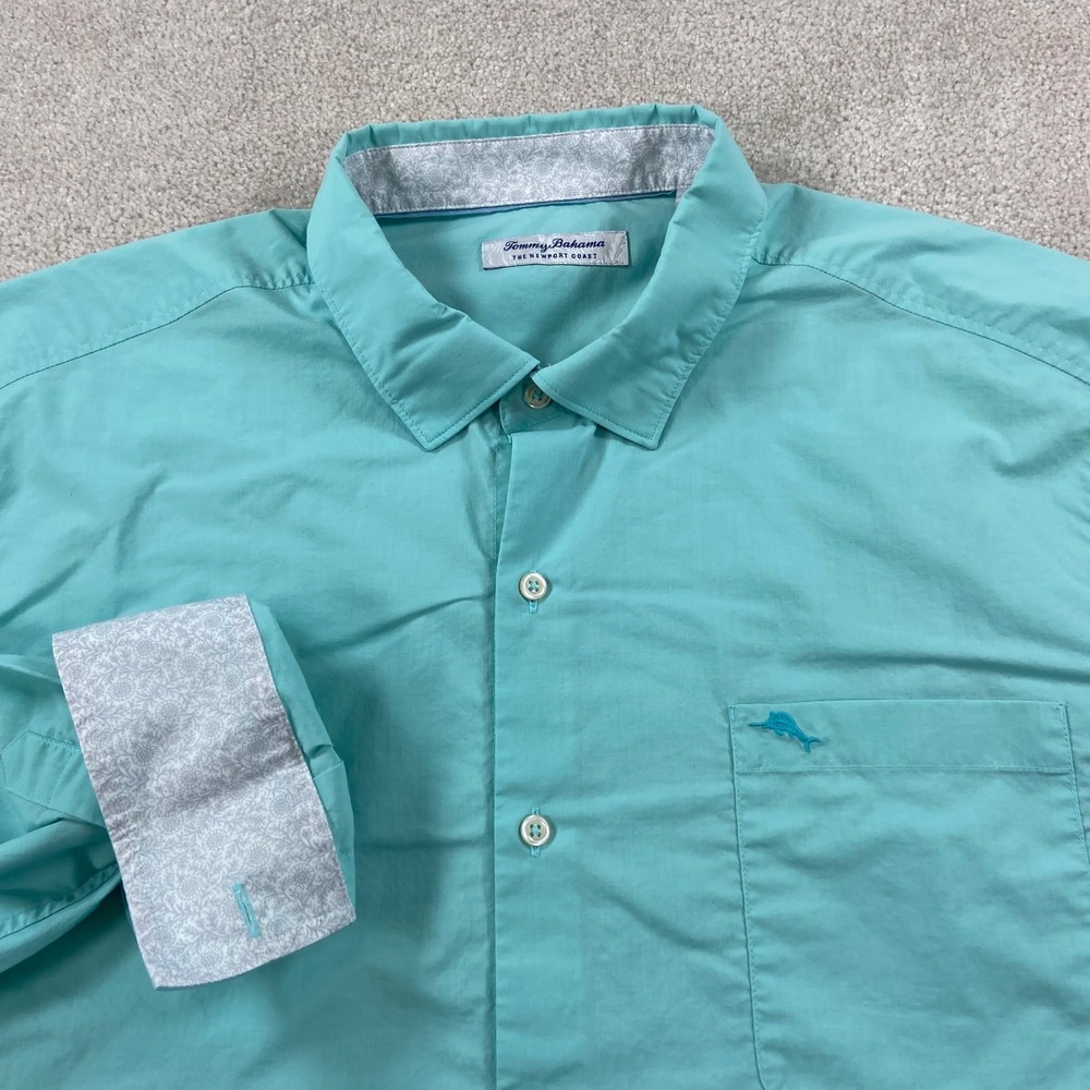 Tommy Bahama Button‎ Down Mens XXL Teal Newport Coast Pima Cotton Marlin Logo